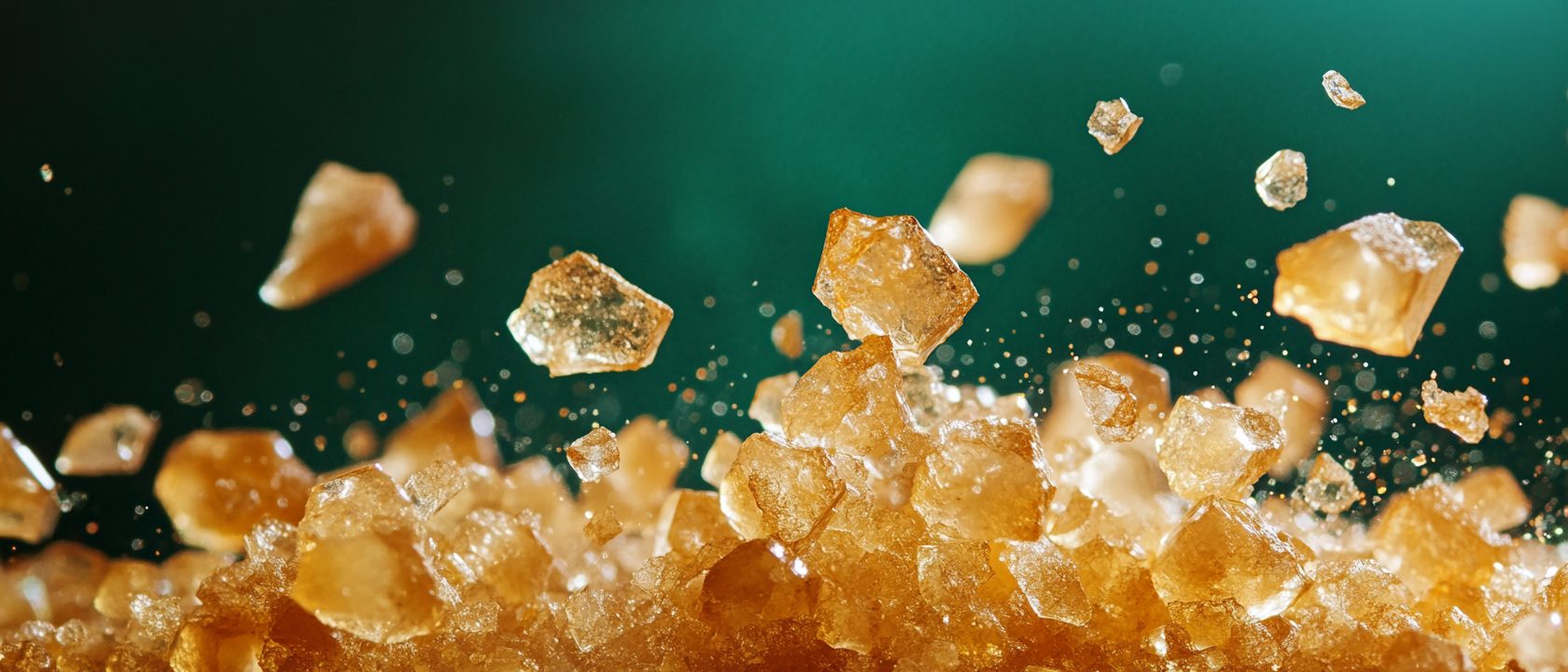 Macro photograph of dry golden cellulose granules scattering across a deep green surface