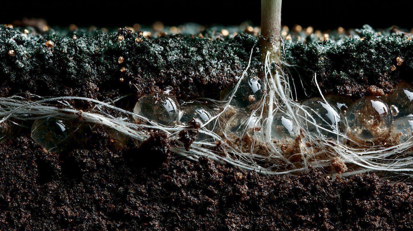 Cross-section of soil showing white roots wrapping around translucent gel beads beneath a young plant stem