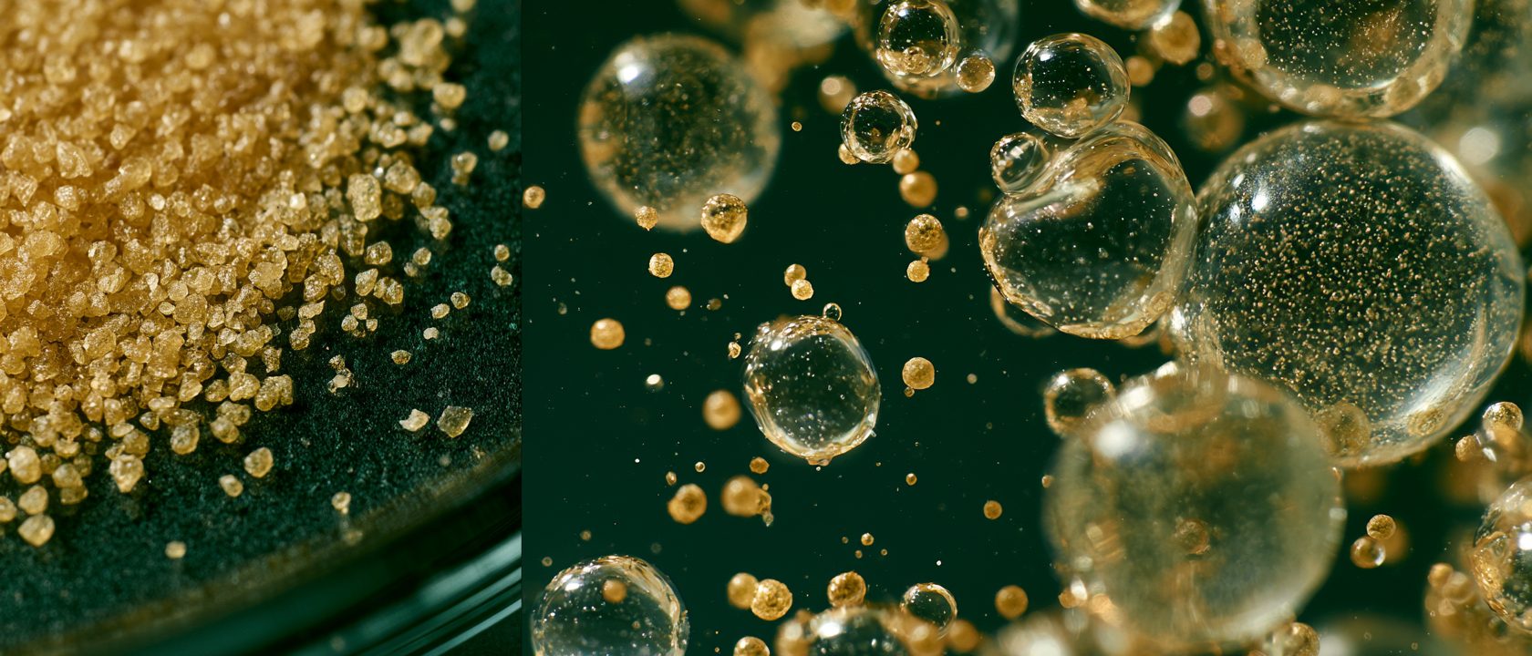 Split macro photograph: dry golden cellulose granules on the left, the same granules swollen into translucent water-filled gel beads on the right